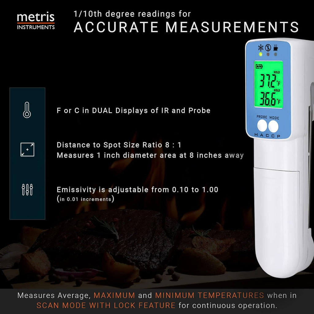 Metris Infrared Surface Thermometer - NSF Certified for FDA Compliance | 8-Point Laser, 2°F Accuracy