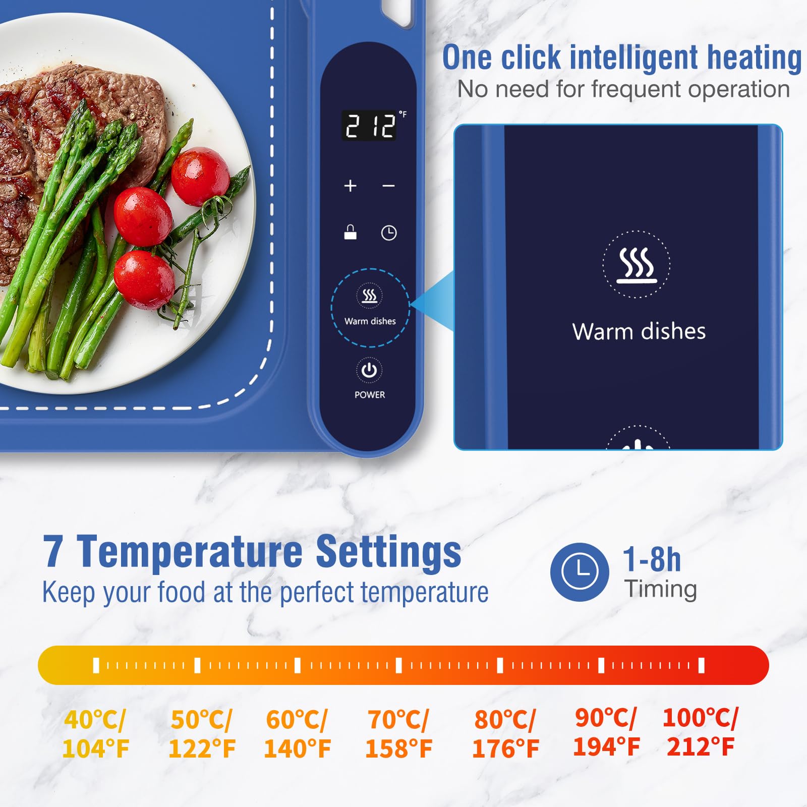 Extra Large Food Warming Pad,One-Touch Fast Electric Heating Tray,15x31.6"Rapid Heating Plate with Hanging and Foldable Storage,Portable Food Warmer for Parties, Buffets,Home Use and Travel (Blue)