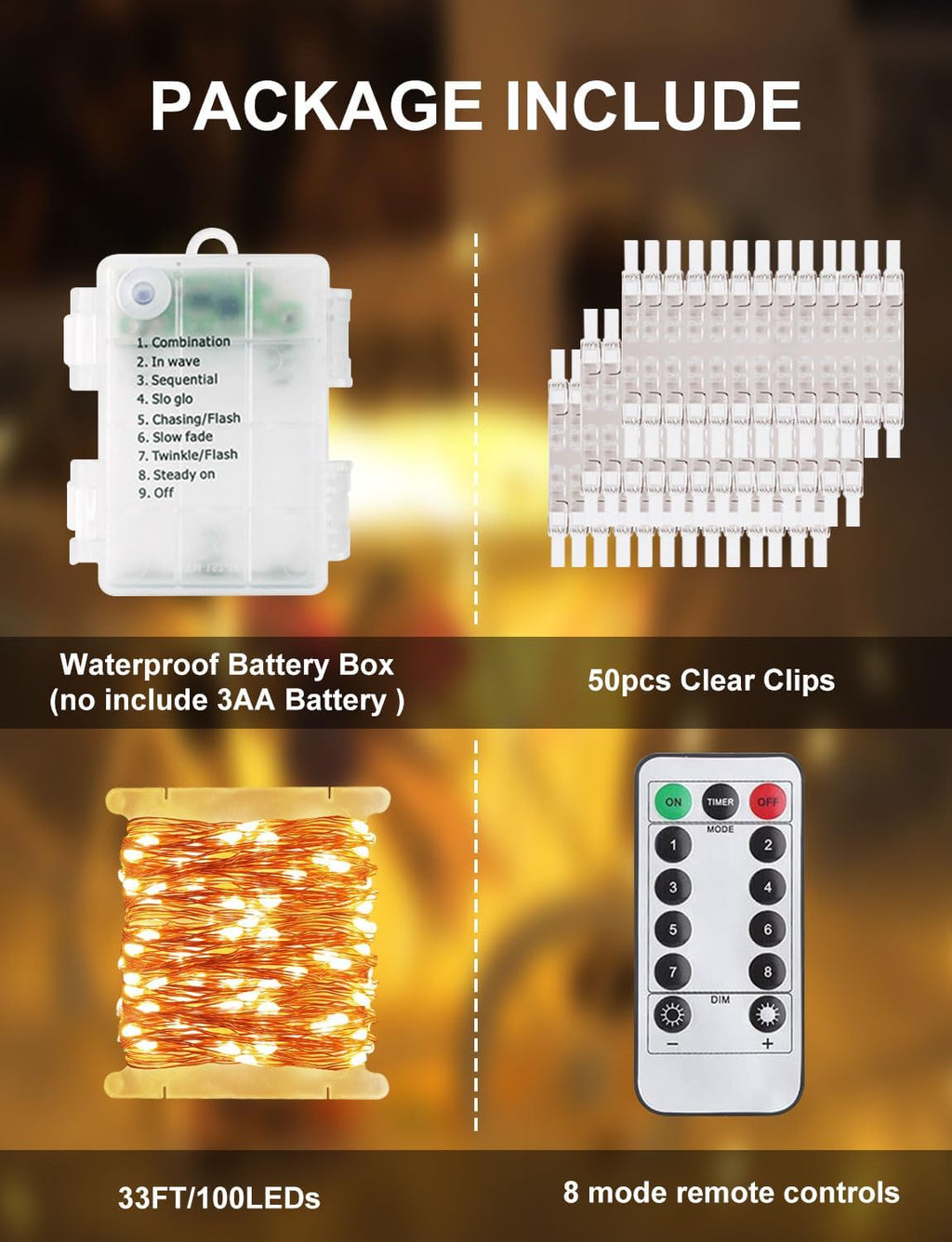 Skiennix Photo Clip String Lights - 33FT 100 LED Waterproof Fairy Lights with Remote & 50 Clear Clips