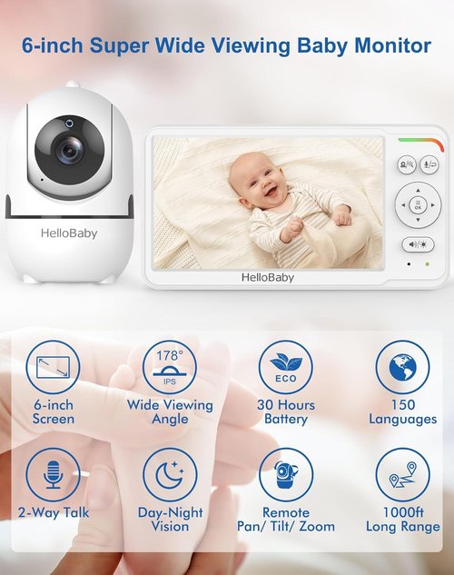 HelloBaby Baby Monitor - 6" IPS Screen, 30-Hour Battery, No WiFi, Night Vision, 1000ft Range, 2-Way Talk