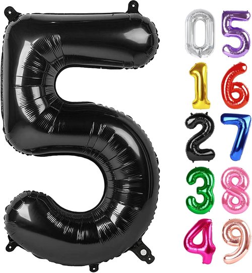 Black Number 5 Balloon - 40 Inch Giant Foil Balloon for 5th Birthday Party Decorations