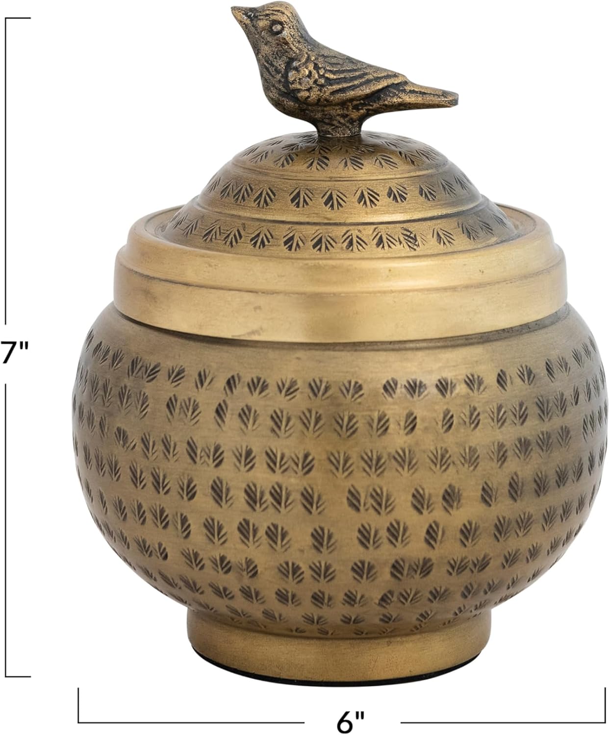 Round Hammered Metal Container - Bird Finial Design in Elegant Brass Finish