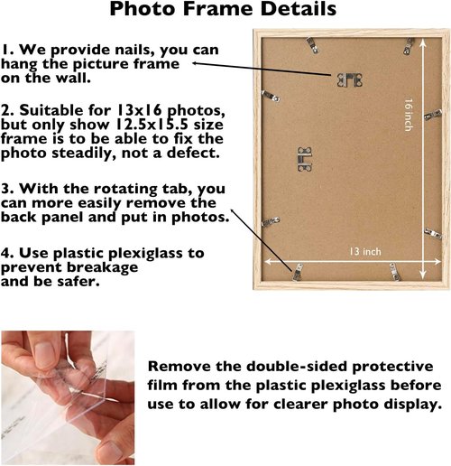 JCJMY 13x16 Picture Frame - Wall Mountable for Horizontal or Vertical Display | Shatter-Resistant Plexiglass, Natural Finish
