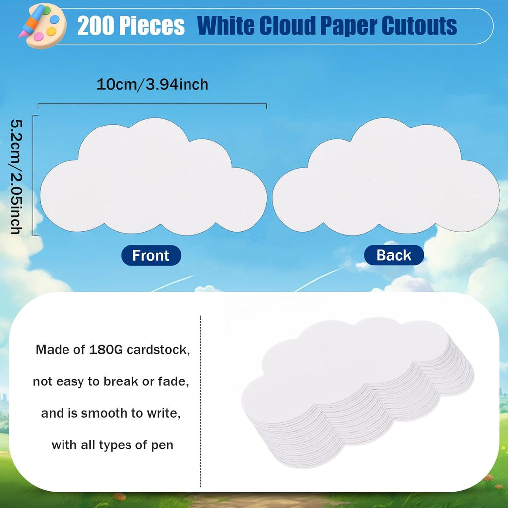 MixTeach 200 Pcs White Cloud Cutouts - 4 Inch Double-Sided Paper Shapes for Classroom & Party Decor