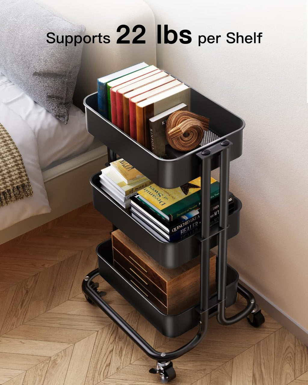 Pipishell 3-Tier Metal Rolling Utility Cart - Heavy-Duty Storage with Lockable Wheels | Black Mesh Design