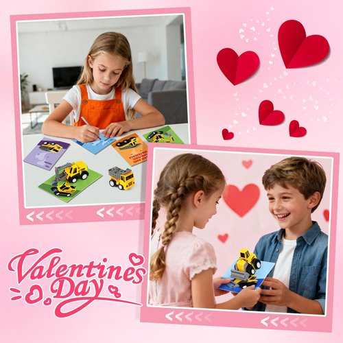 Tymokcall 24 Pcs Valentine’s Day Mini Construction Vehicles Bulk with Cards for Baby Toddlers Kids Pull Back Engineering Truck Party Favors School Gifts Exchange Classroom Prizes for Boys and Girls