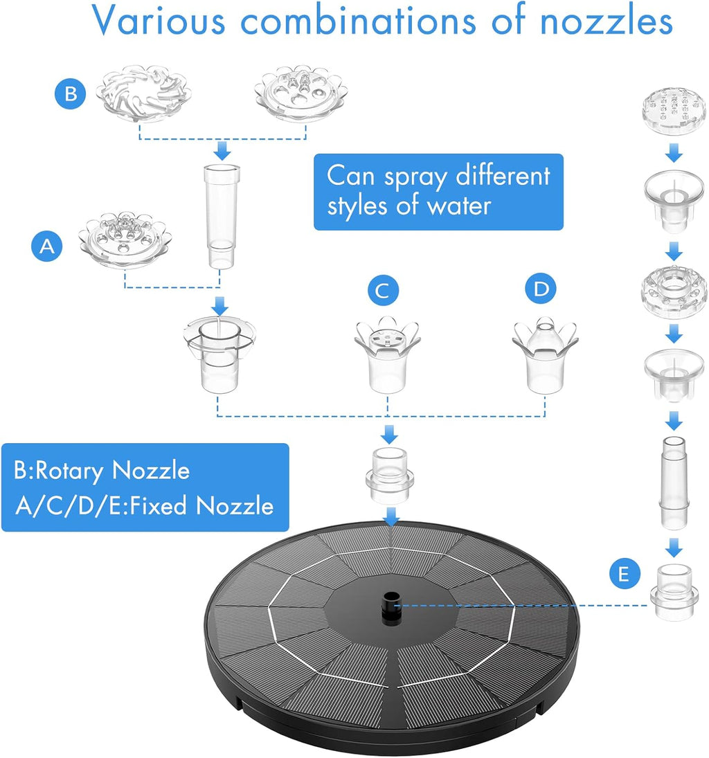AISITIN Solar Fountain Pump - DIY Water Feature with 6 Nozzles & 3.9ft Cord | Perfect for Bird Baths & Gardens