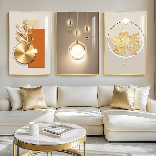 Framed Modern Luxury Gold Wall Art - Set of 3 Contemporary Paintings for Living Room | 24x36 Inch