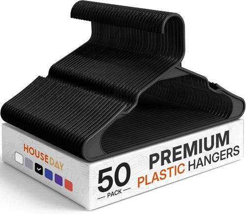 HOUSE DAY Plastic Hangers 50 Pack - Durable Black Clothes Hangers with Non-Slip Shoulder Grooves | Space-Saving Design for Closet Organization
