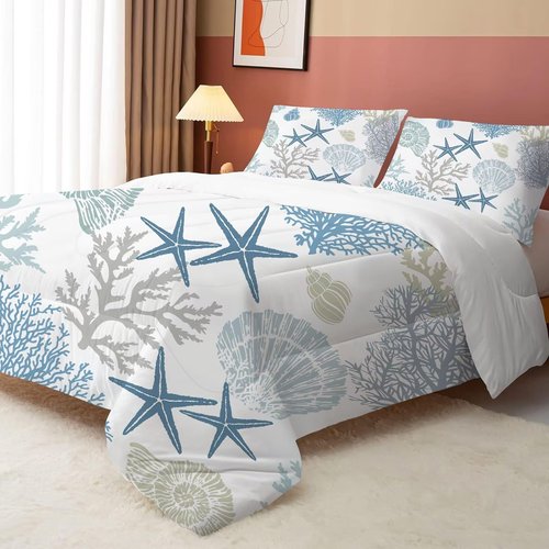 FUYEUN Coastal Comforter Set Twin Size Nautical Bedding for Kids Men Women, Beach Starfish Shell Quilt Bedroom Decor 1 Comforter 1 Pillowcase