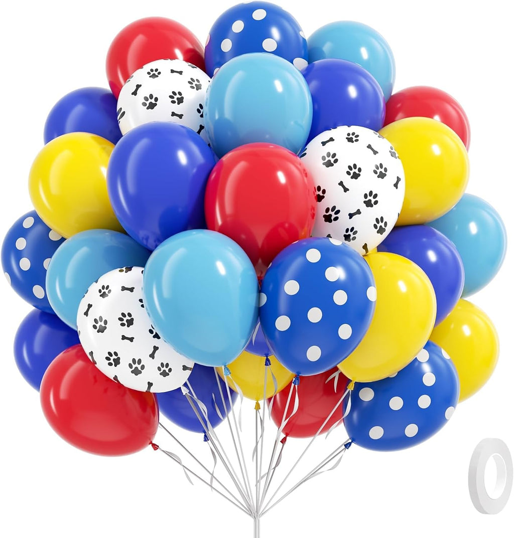 Skiennix 12-Inch Dog Balloons - 60 Pack in Royal Blue, Light Blue, Yellow & Red Paw Print for Puppy Birthday Party Decor