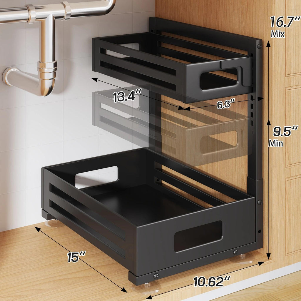 Biboraya 2 Pack Under Sink Organizer,Pull Out Cabinet Organizer with Smooth Cylindrical Rail,Metal Slide Out Drawer for Kitchen Bathroom Laundry Cabinet,8-Level Tool Free Height Adjustable-Black