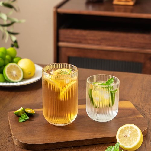 Lumkit Ribbed Drinking Glasses 8pcs, Rocks Drinking Glasses 12oz and 10oz, Tumbler Glasses Cup Set for Wedding, Party, Christmas Gift, Clear