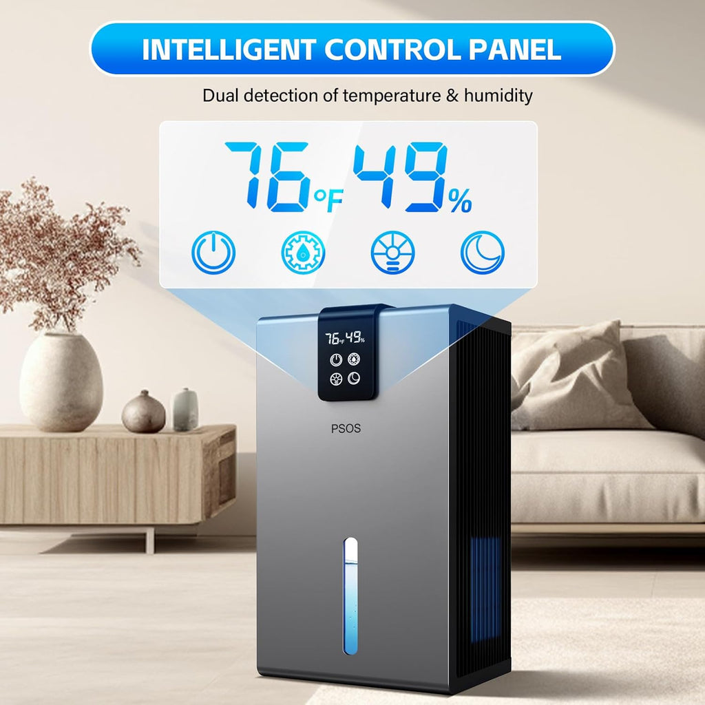 Skiennix Dehumidifier - Quiet 98 OZ Water Tank for Home | 1000 sq.ft Coverage with Humidity Display & Auto Shut Off - Gray