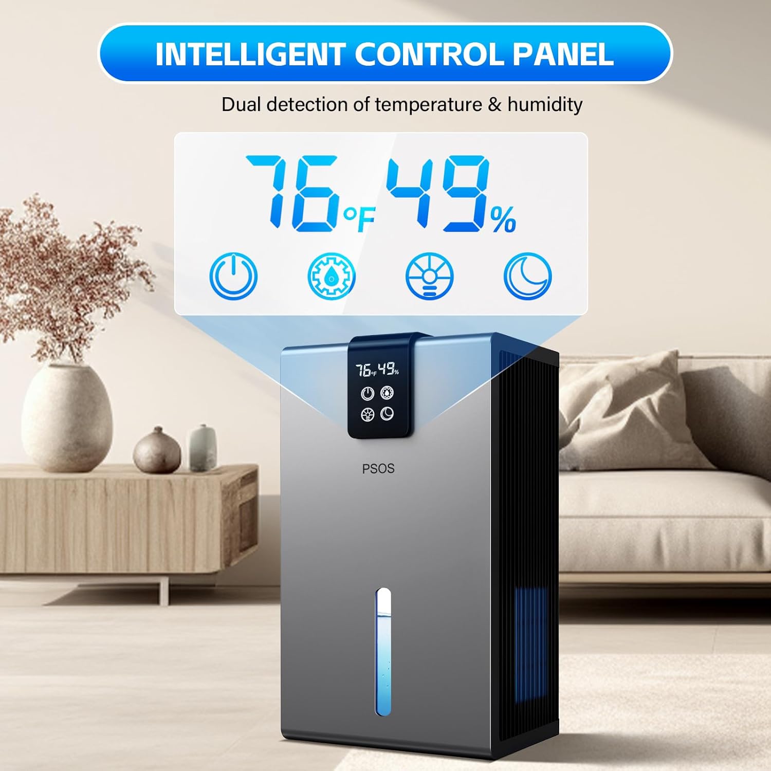 Skiennix Dehumidifier - Quiet 98 OZ Water Tank for Home | 1000 sq.ft Coverage with Humidity Display & Auto Shut Off - Gray