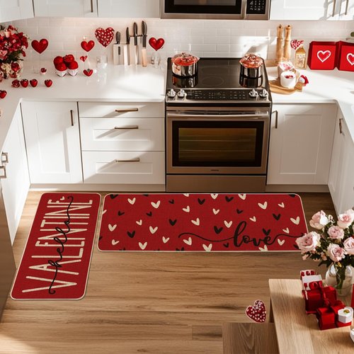 Artoid Mode Red Black Love Heart Hello Valentine's Kitchen Mats Set of 2, Home Decor Low-Profile Kitchen Rugs for Floor - 17x29 and 17x47 Inch