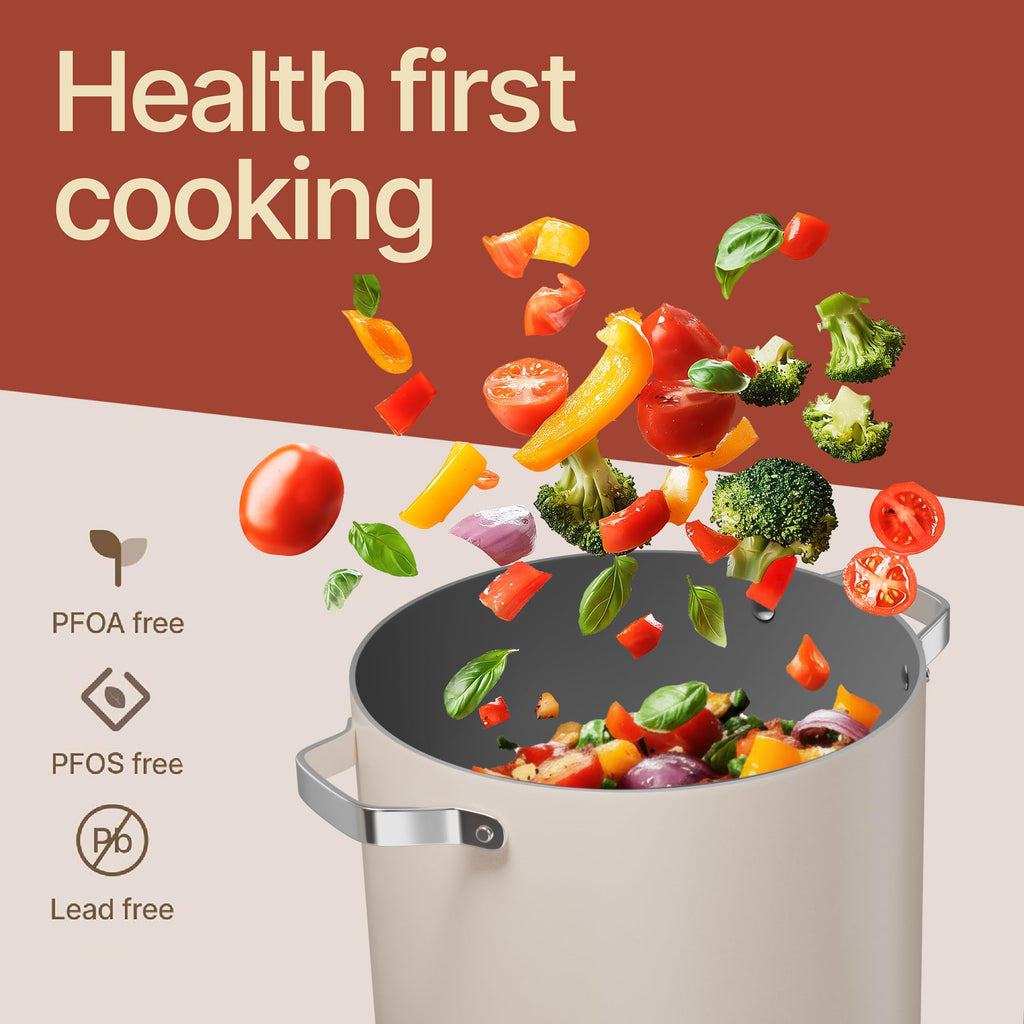 Bakken 16 Quart Ceramic Coated Stock Pot with Lid, Easy Clean Nonstick Pot, Tempered Glass Lid, Riveted Stainless Steel Handles, Oven Safe Up To 500°F, PTFE & PFAS Free, All Stove Compatible, Cream