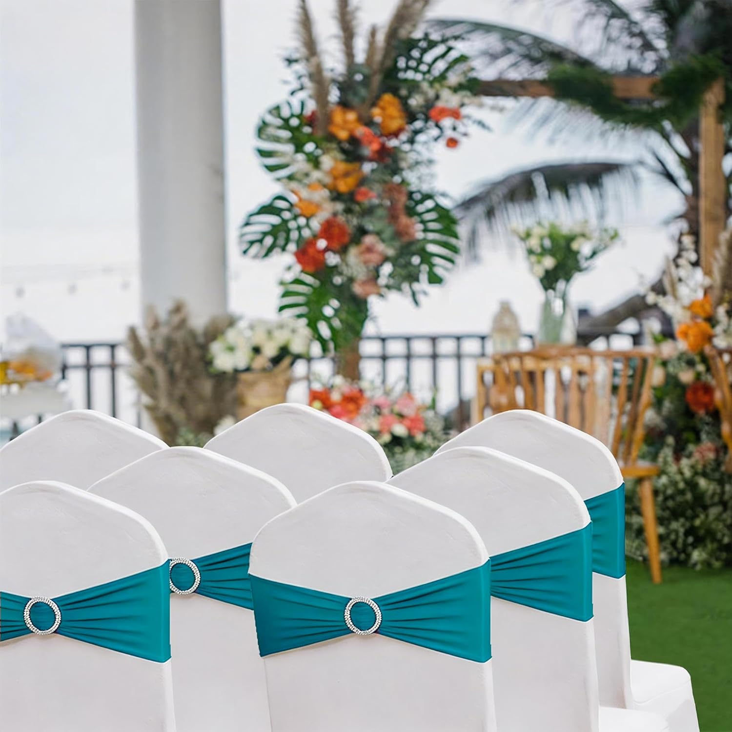 Skiennix 50 Pack Dark Turquoise Chair Sashes - Stylish Bows for Weddings & Events | Teal Chair Bands with Buckles
