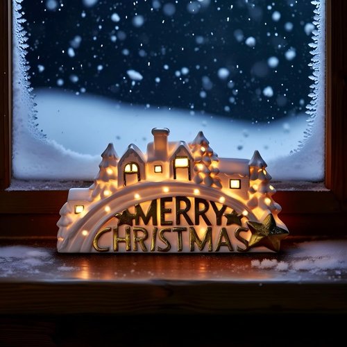 Bdor Lighted Ceramic Christmas Village Decor - 11" White LED House with Golden "Merry Christmas" Sign | Battery Operated Holiday Tabletop Decoration