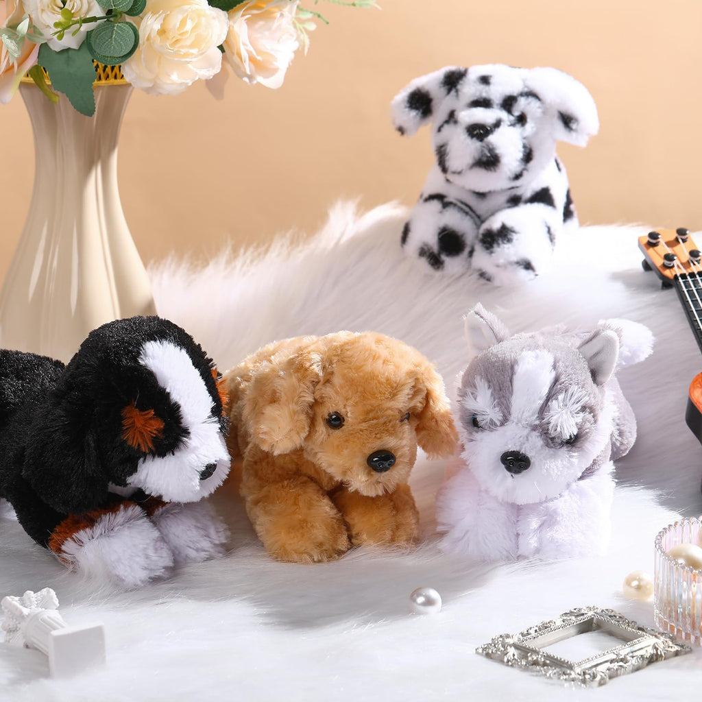 Suilung 4-Pack 8 Inch Dog Plush Animal Plush Dog Soft Plush Dog Pillow Toy Fluffy Puppy Set Dog Theme Party Gift Birthday Room Home Decor (Stylish Style)
