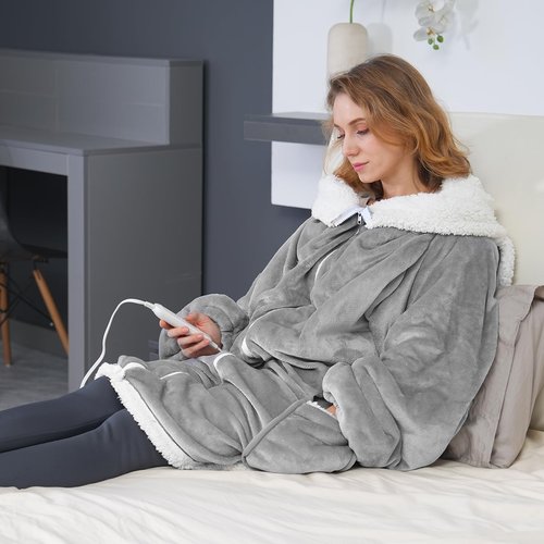 Wearable Heated Blanket with Zipper Design, Electric Wearable Throw Blanket with Sleeves, Hood, Heated Hoodie Blanket, Wearable Electric Blanket with 8 Heating Levels, 1-10H Auto-off Settings, 43*60"