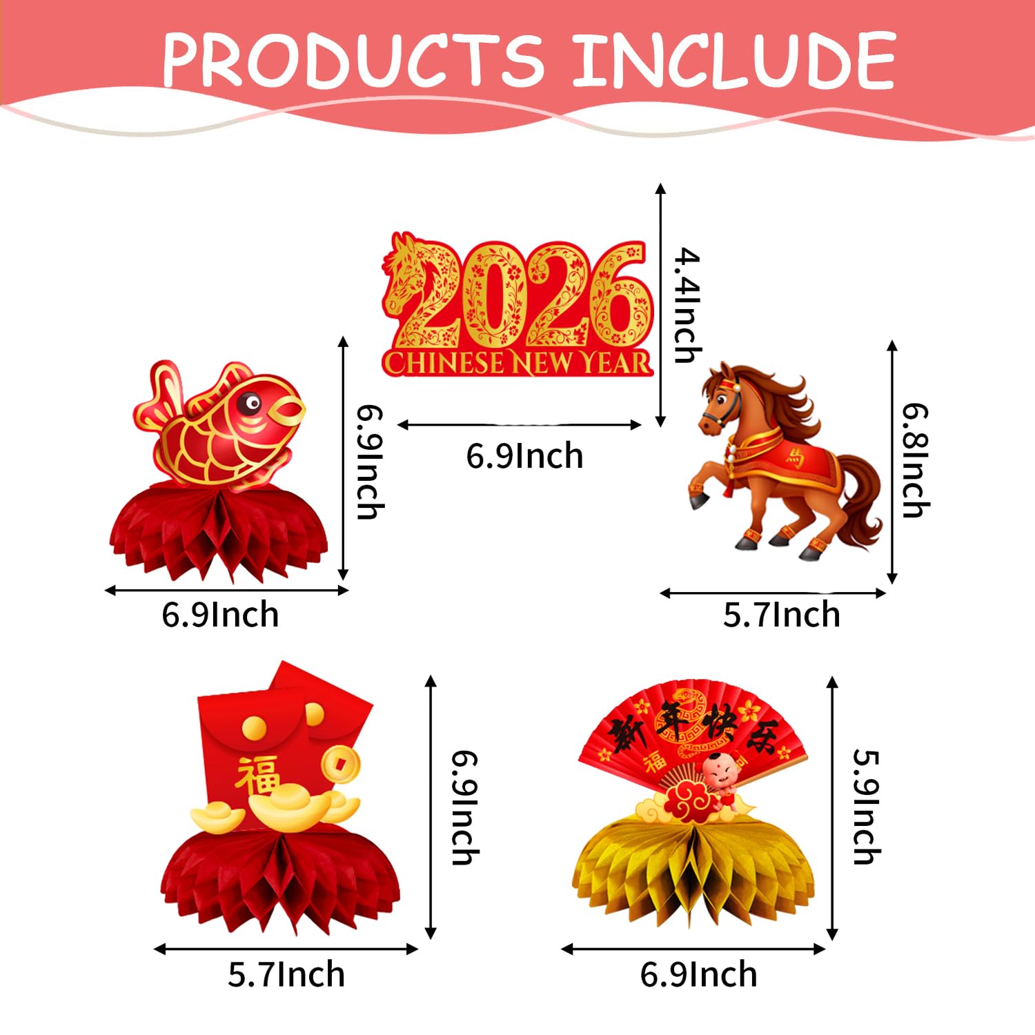 Chinese New Year Party Decorations,Include Lunar New Year Banner,Hanging Swirls,Background and Honeycomb Centerpieces for Spring Festival Celebrations Decorations.