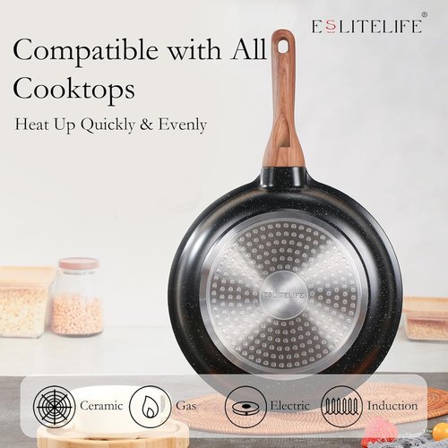 Eslite Life Nonstick Ceramic Frying Pan - Safe & Versatile Skillet with Lid, 8" Black for All Stovetops