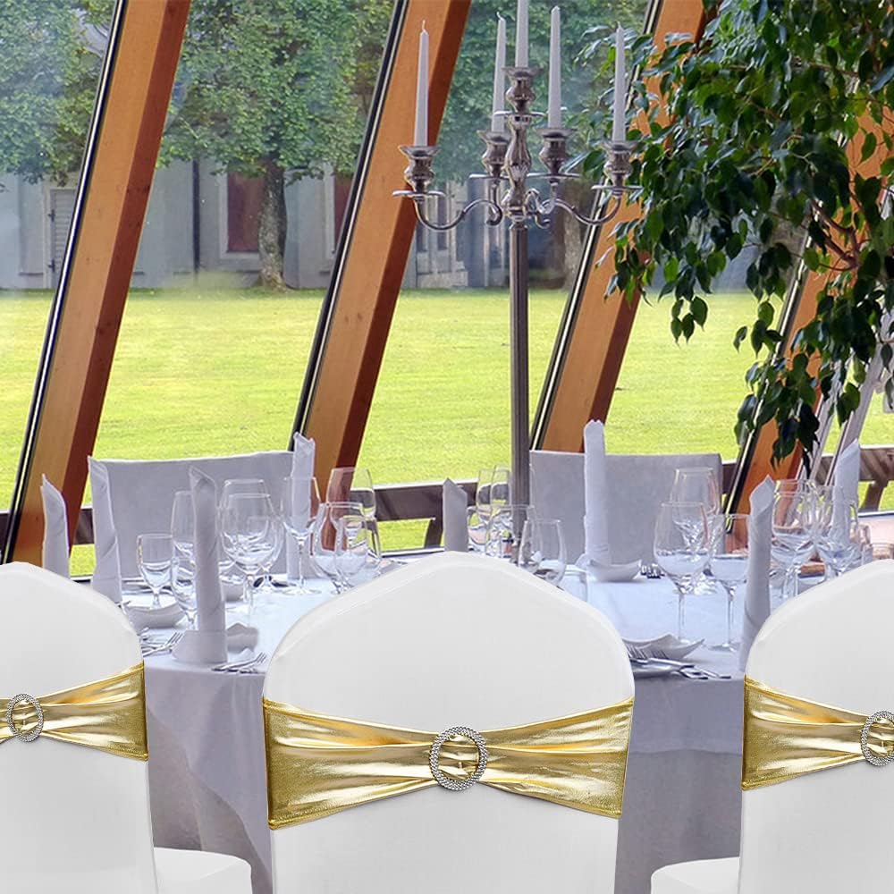 Spandex Gold Chair Sashes - 50 Pack Stretch Chair Bands with Buckles for Wedding & Event Decor - Metal Gold