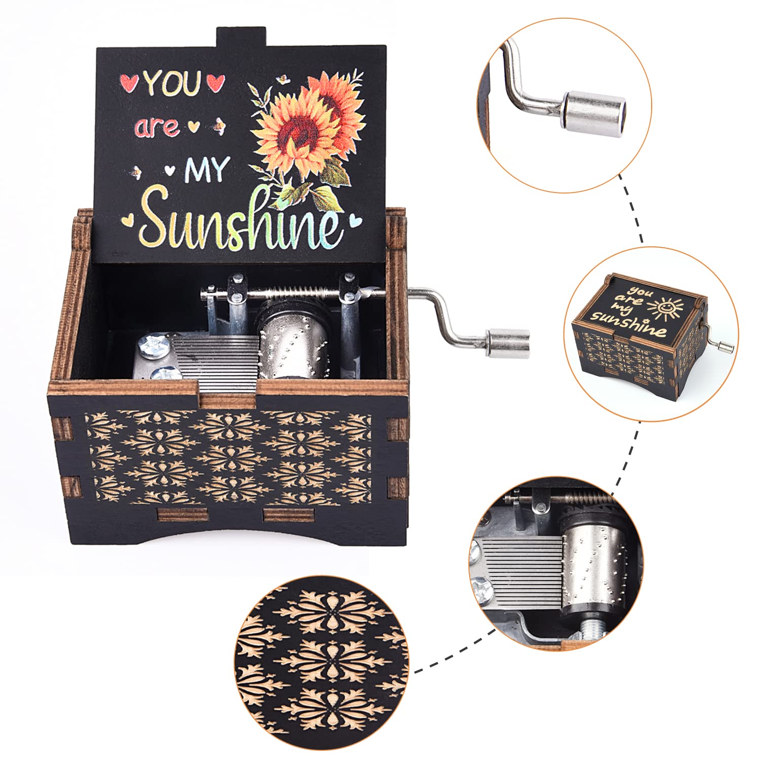byykit Music Boxes You are My Sunshine,Unique Hand-cranked Wooden Engraved Vintage Music Box, Anniversary Wedding Birthday Gift for Boyfriend Wife Girlfriend mom