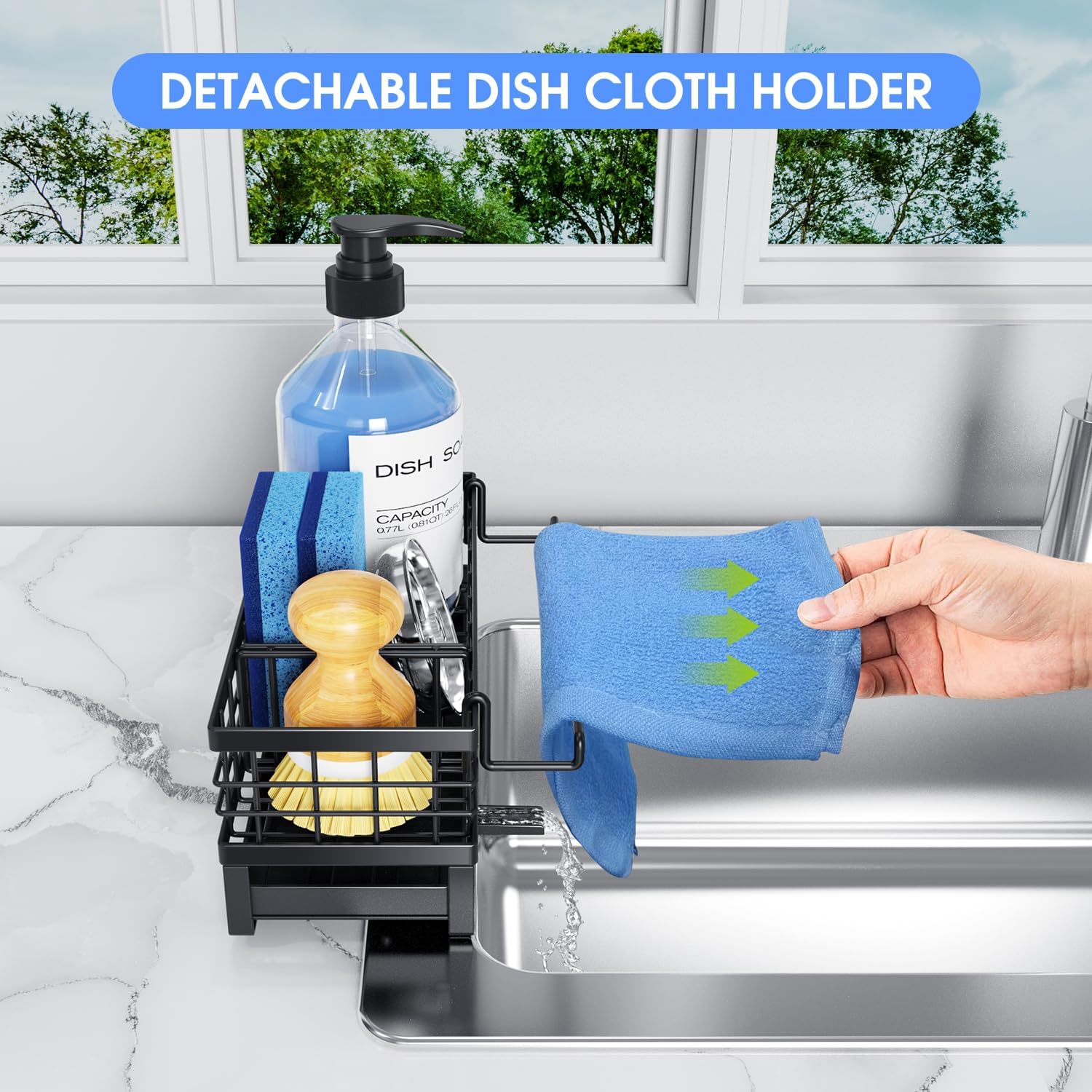 Rustproof Kitchen Sink Sponge Holder by [Brand Name] - Non-Slip Self-Draining Metal Caddy with Detachable Dish Cloth Holder (Black)
