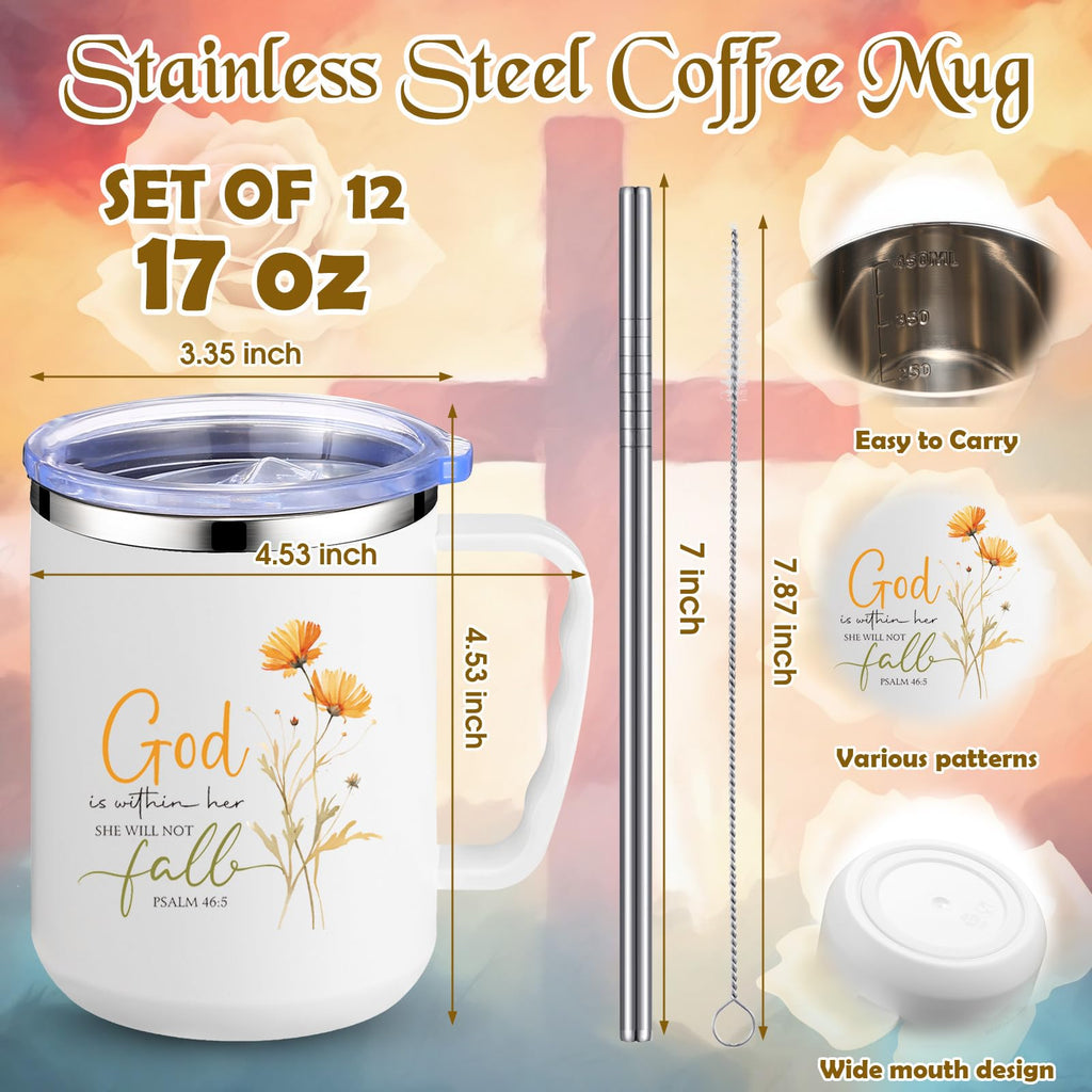 Nitial 12 Pcs 17 oz Christian Coffee Mugs with Lid and Straw Religious Bible Verse Christian Gifts Insulated Inspirational Bible Affirmations Tumbler for Women Friend Men (White,Flower)
