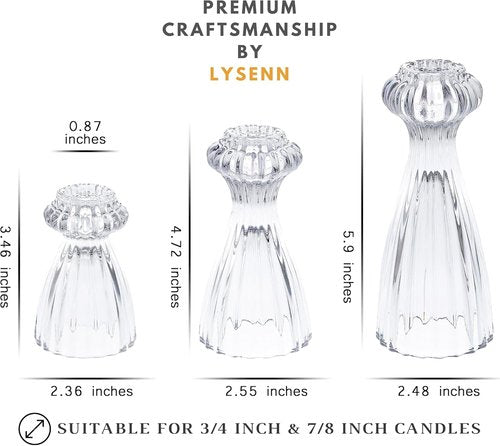 Lysenn Glass Candle Stick Holder Set of 3 - Elegant Taper Holders for Romantic Ambiance - Clear Decor