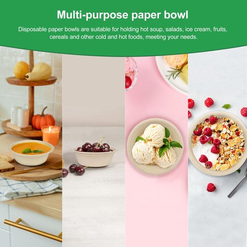Bionutrio Paper Bowls 10 oz, 100 Pack Small Disposable Bowls, Heavy Duty Paper Bowls for Hot Soup, Salad, Dessert, 100% Compostable Biodegradable Microwavable Safe