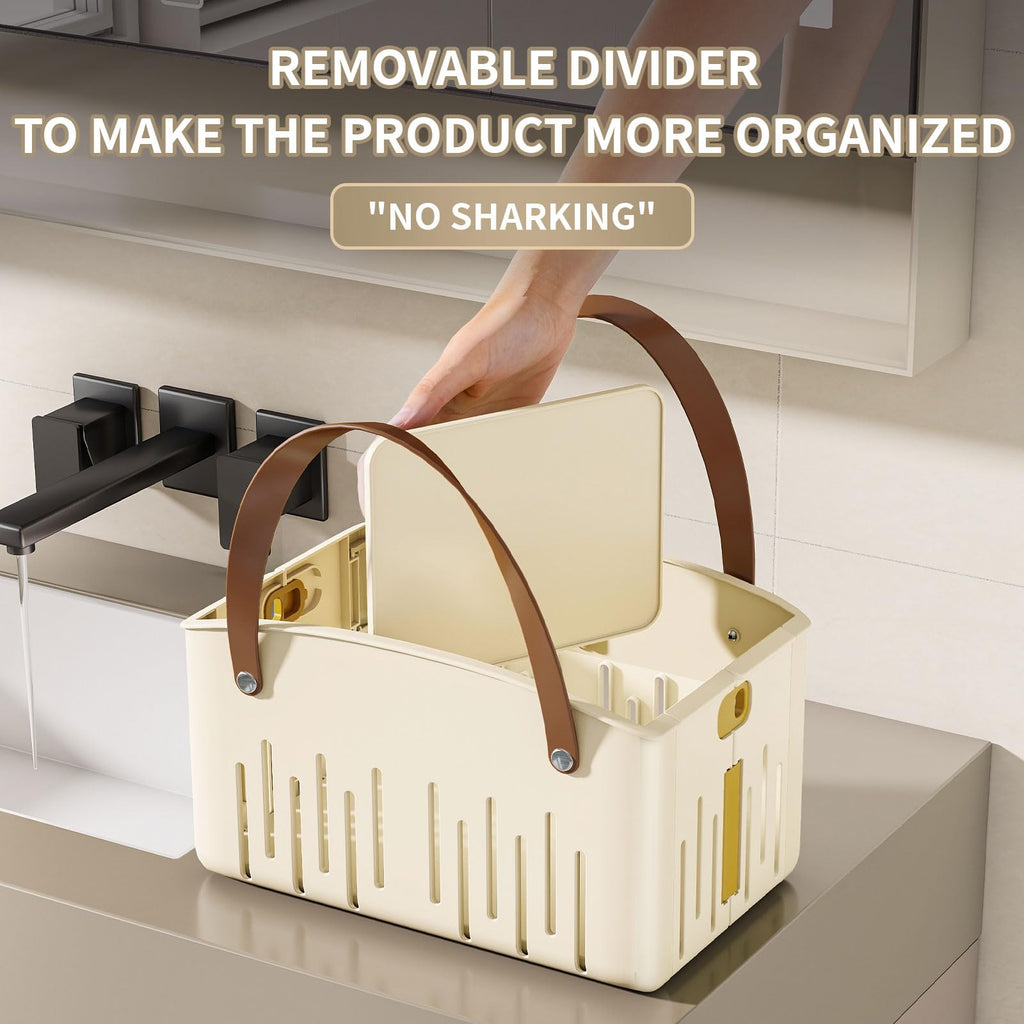 Portable Shower Caddy,Foldable Shower Caddy with Handle and Adjustable Divider,Plastic Shower Storage Basket,Quick Dry Bathroom Shower Organizer Bin for College,Dorm Room,Travel Essentials(Cream)