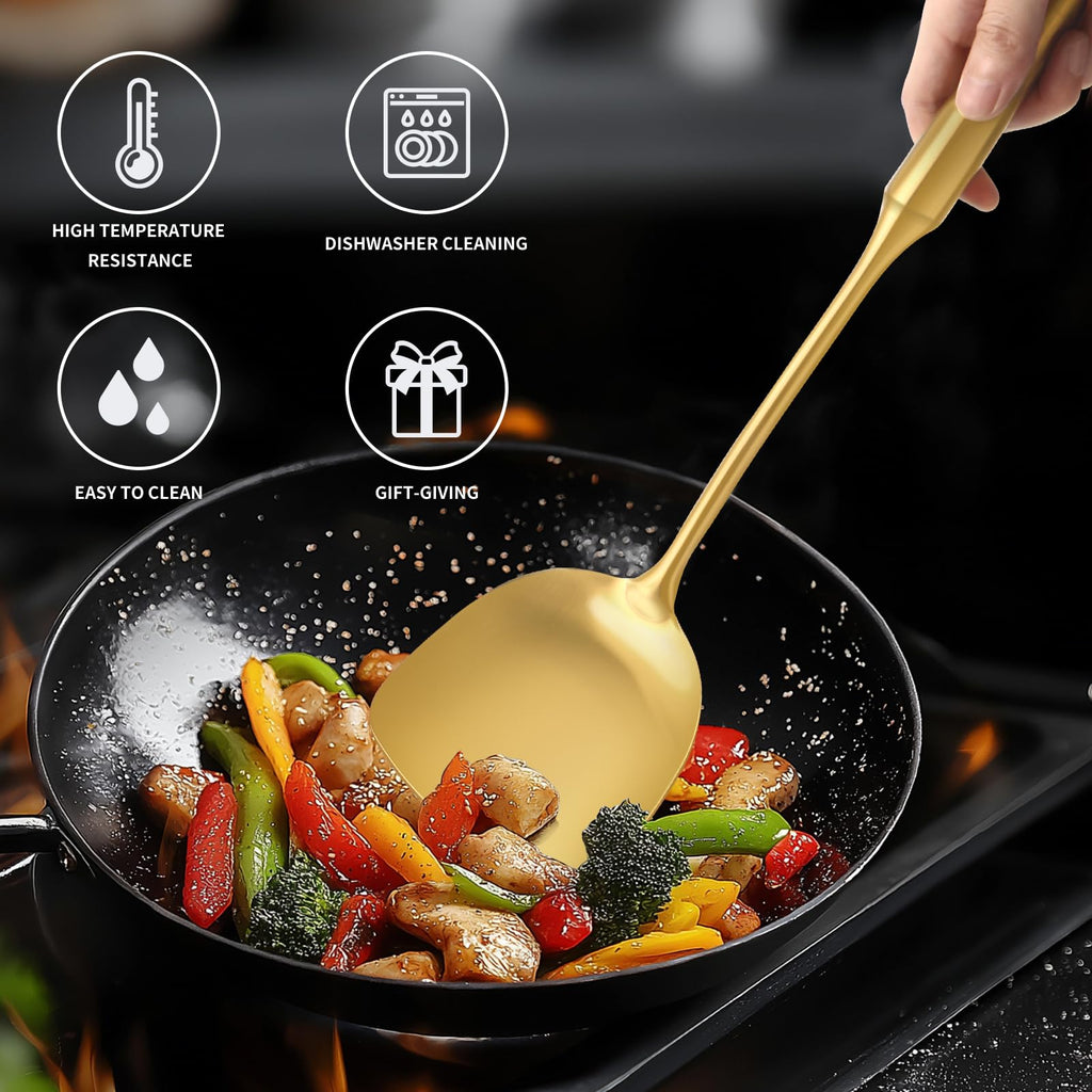 304 Stainless Steel Kitchen Cooking Utensils Set - 9 PCS Serving Utensils, Include Skimmer, Soup Ladle, Spaghetti Server, Wok Spatula, Slotted & Solid Spoon, Slotted Spatula Turner, Meat Fork (Gold）