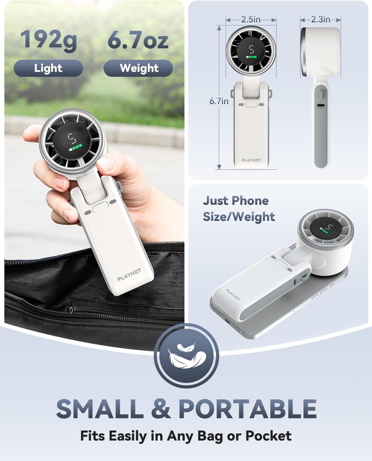 PlayHot Portable Handheld Turbo Fan - 5-Speed Wind, Battery Operated, 12-Hour Runtime | 3-in-1 Cooling Fan (White)