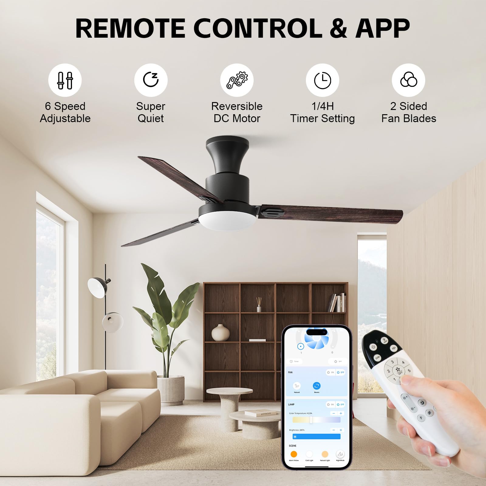 Obabala Ceiling Fans with Lights,Flush Mount Ceiling Fan with Light and Remote Control & APP Reversible Quiet Motor Dimmable Noiseless Ceiling Fan for Bedroom Indoor/Outdoor, 42in/Gray Maple Walnut