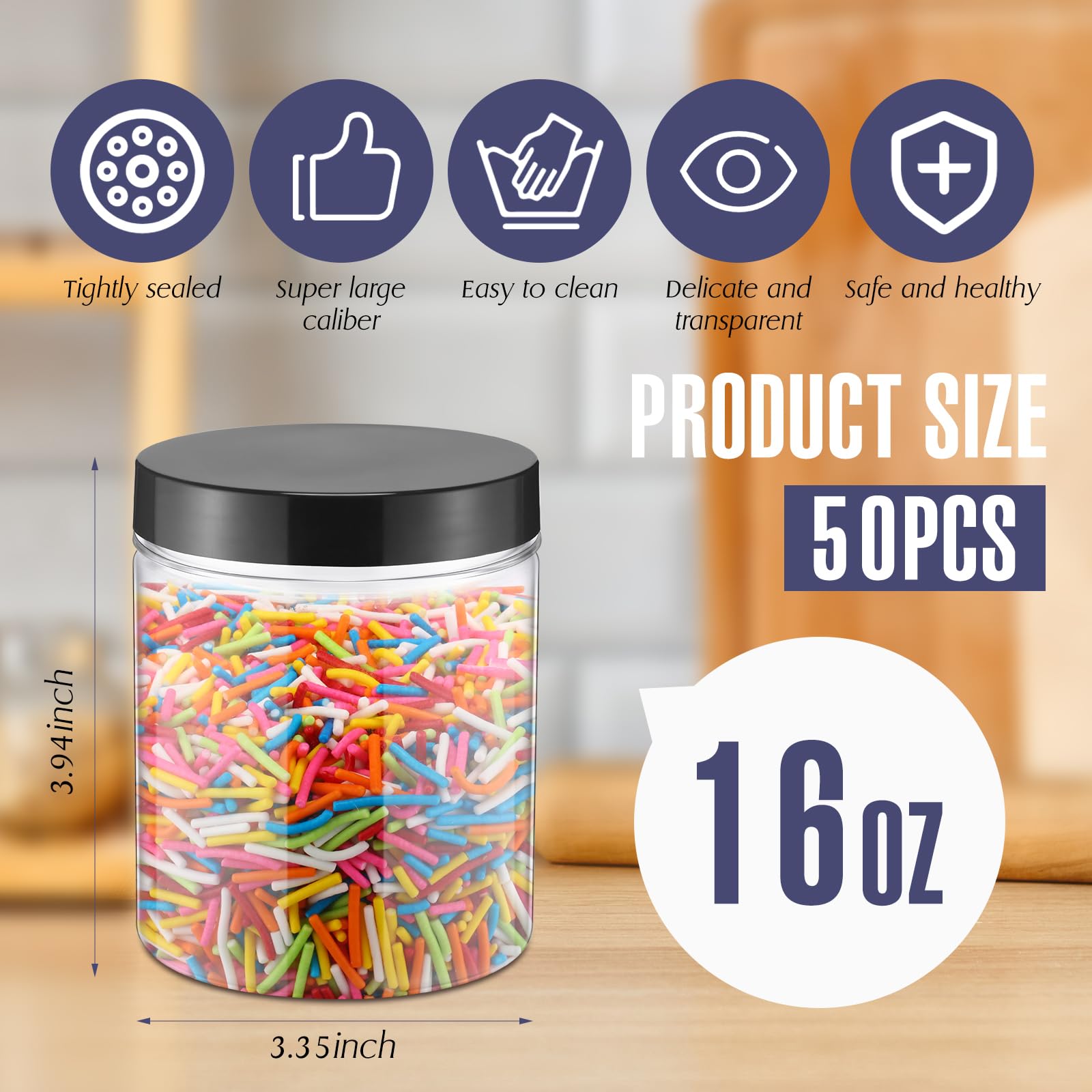 Mifoci 50 Pcs 16 oz Clear Plastic Jars with Lids PET Plastic Candy Mason Jars Containers Reusable Empty Storage Gift for Dry Food Storage Cookie Honey, 5 Colors