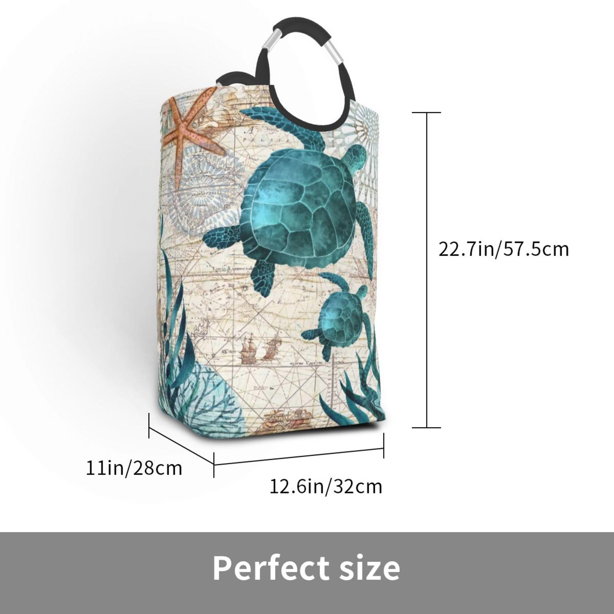 LIBIFALL Vintage Sea Turtle Large Laundry Basket Beach Decor Laundry Hamper Bag Collapsible Laundry Baskets Clothes Hamper with Handles Ocean Storage Baskets For Bathroom, Dorm, Family, 50L