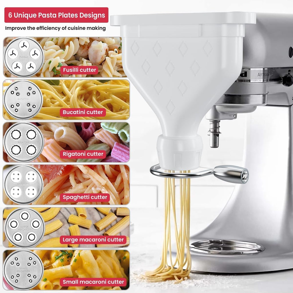 Kainasch 6-Piece Pasta Maker Attachment for KitchenAid Stand Mixer, Heavy Duty Homemade Pasta Press with Dual Feed Ports, Includes 6 Shaping Discs, Dishwasher Safe & Easy Clean Accessories