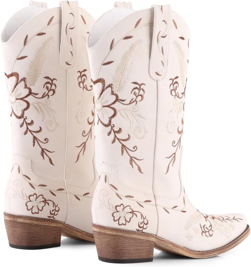 LingxiaUne Western Cowboy Boots - Stylish White Mid Calf Cowgirl Boots with Bow | Comfortable Chunky Heel for Women