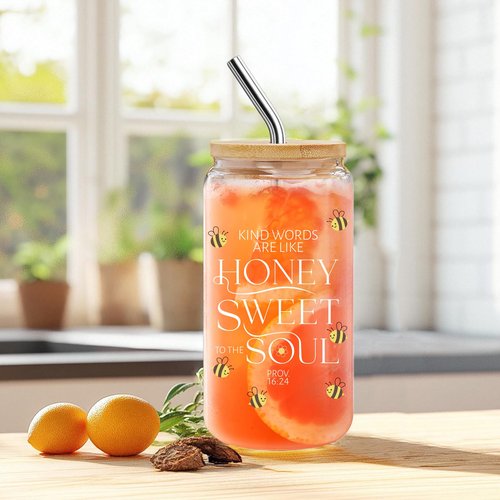 Christian Glass Tumbler Gifts for Bee Lovers - 'Kind Words are Like Honey' Inspirational Bible Verse 16oz with Lid & Straw, Sweet Present for Beekeeper, Teacher, Mom -m10