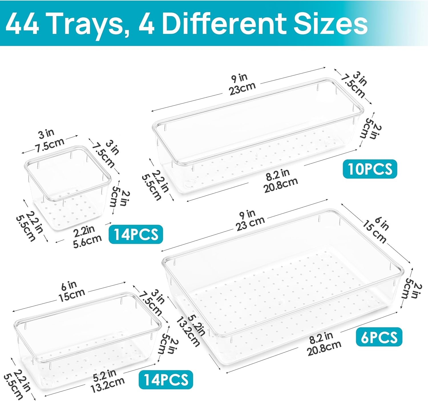 Vtopmart 44 PCS Clear Plastic Drawer Organizers - Versatile Non-Slip Storage Trays for Makeup, Jewelry & More