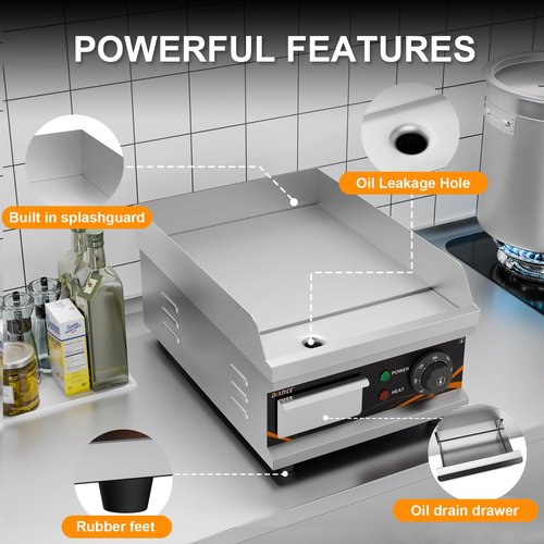 DULNICE Commercial Electric Griddle 12 Inch, Electric Flat Top Grill with Temperature Adjustable, Brushes, Shovels, Stainless Steel Non-Stick Teppanyaki Grill for Home & Restaurants, 1500W