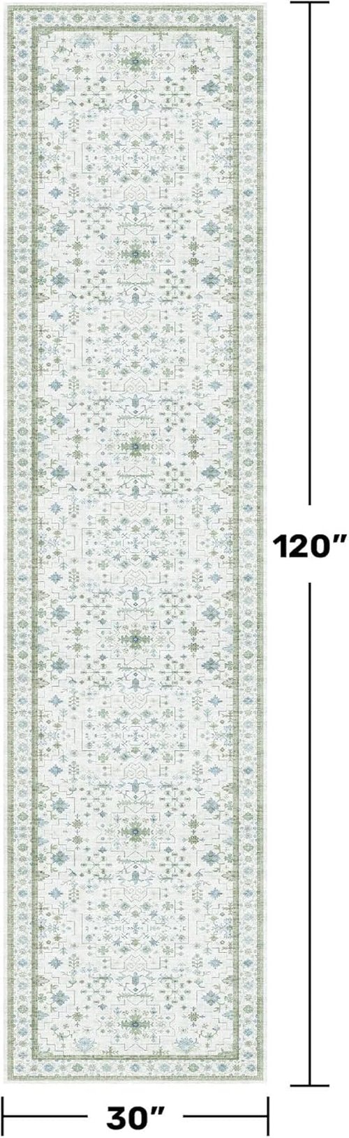Hazo Haus Oushak Wide Hallway Runner Rug - Vintage Turkish Floral Design, Washable 2'6"x10' - Blue & Green Non-Slip