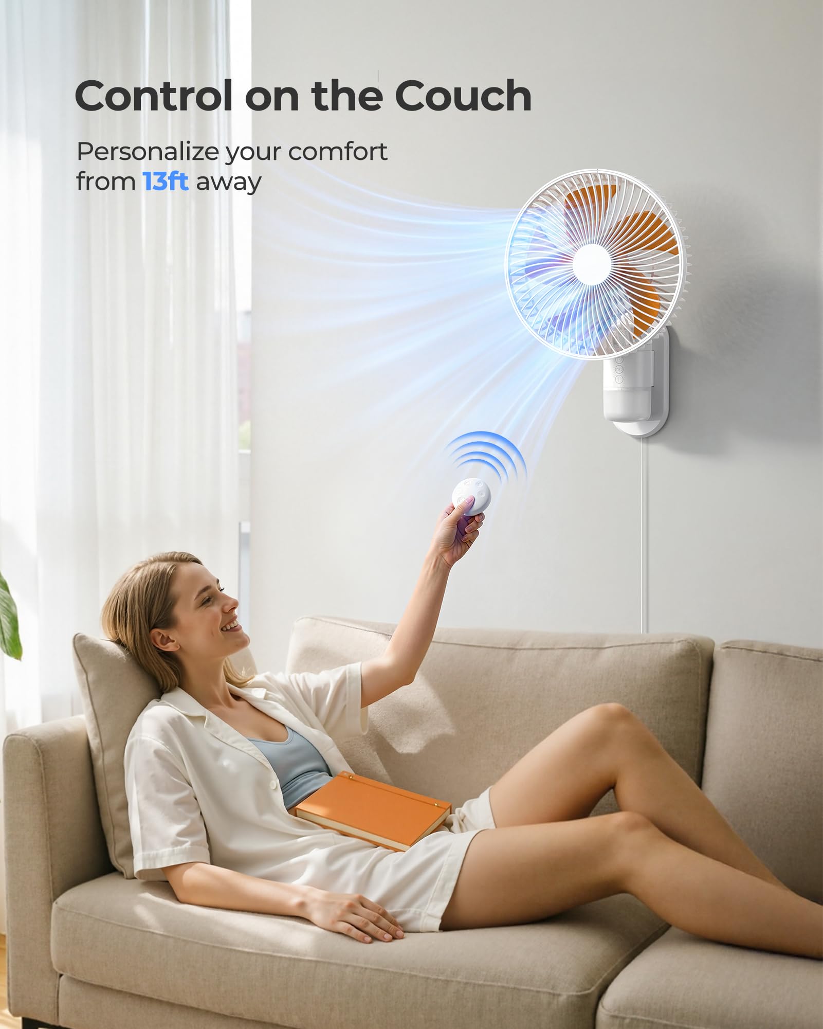 Airbition 10'' Small Wall Mount Fan with Light and Remote Control, 90°Oscillating, 4 Speeds, Timer, Included 120° Adjustable Tilt, High Velocity, 79Inch Cord, for RV Bedroom Home Office Garage