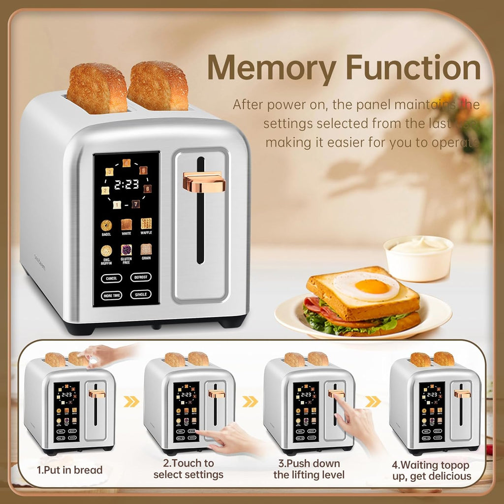 SEEDEEM 2-Slice Toaster - Touch Screen LCD Display, Fast Heating, Stainless Steel, 1.5" Wide Slots, Silver
