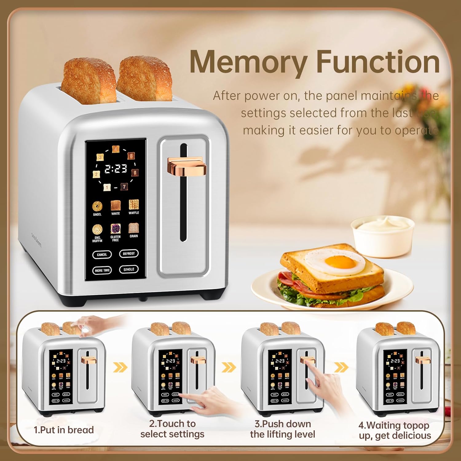 SEEDEEM 2-Slice Toaster - Touch Screen LCD Display, Fast Heating, Stainless Steel, 1.5" Wide Slots, Silver