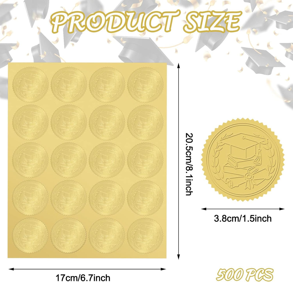 Whaline Graduation Cap Foil Seal Stickers - 500Pcs Self-Adhesive Gold Decals for Diplomas & Awards | 1.5 Inch