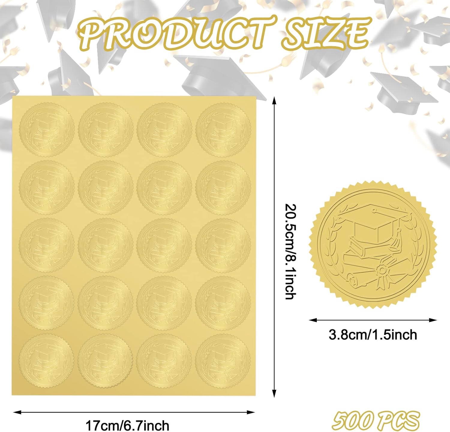 Whaline Graduation Cap Foil Seal Stickers - 500Pcs Self-Adhesive Gold Decals for Diplomas & Awards | 1.5 Inch